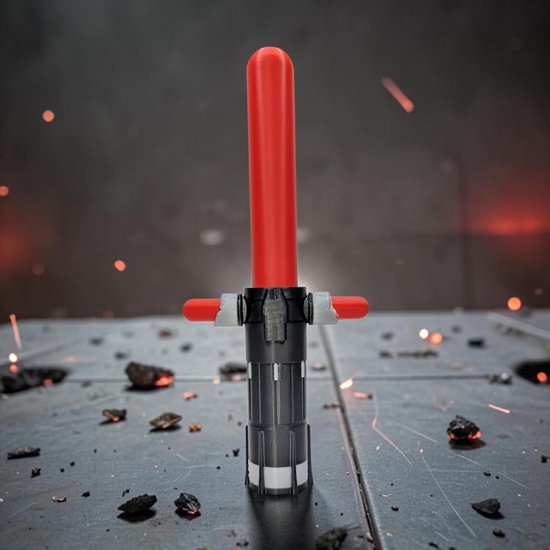 May include: A red lightsaber with a black and grey hilt. The lightsaber features a crossguard with red tips. The image is set against a dark background with sparks and debris.