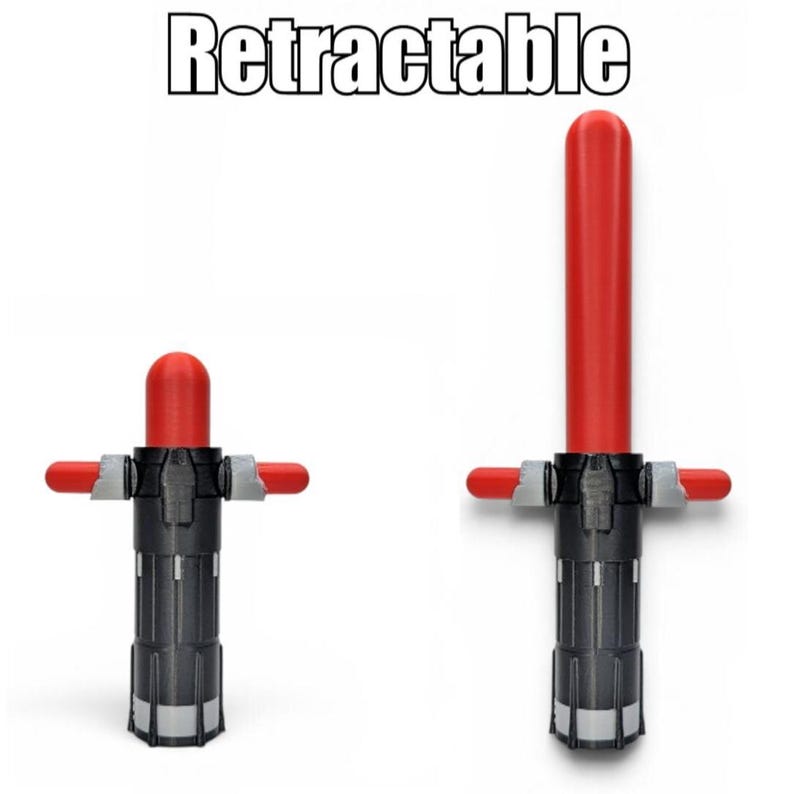 May include: A black and grey retractable lightsaber with a red blade and crossguard. The lightsaber is shown in both retracted and extended positions. The word "Retractable" is printed above the lightsaber.