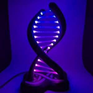 May include: A black DNA-shaped lamp with blue and purple LED lights. The lamp has a curved design and sits on a black base. The light is on, illuminating the double helix structure.