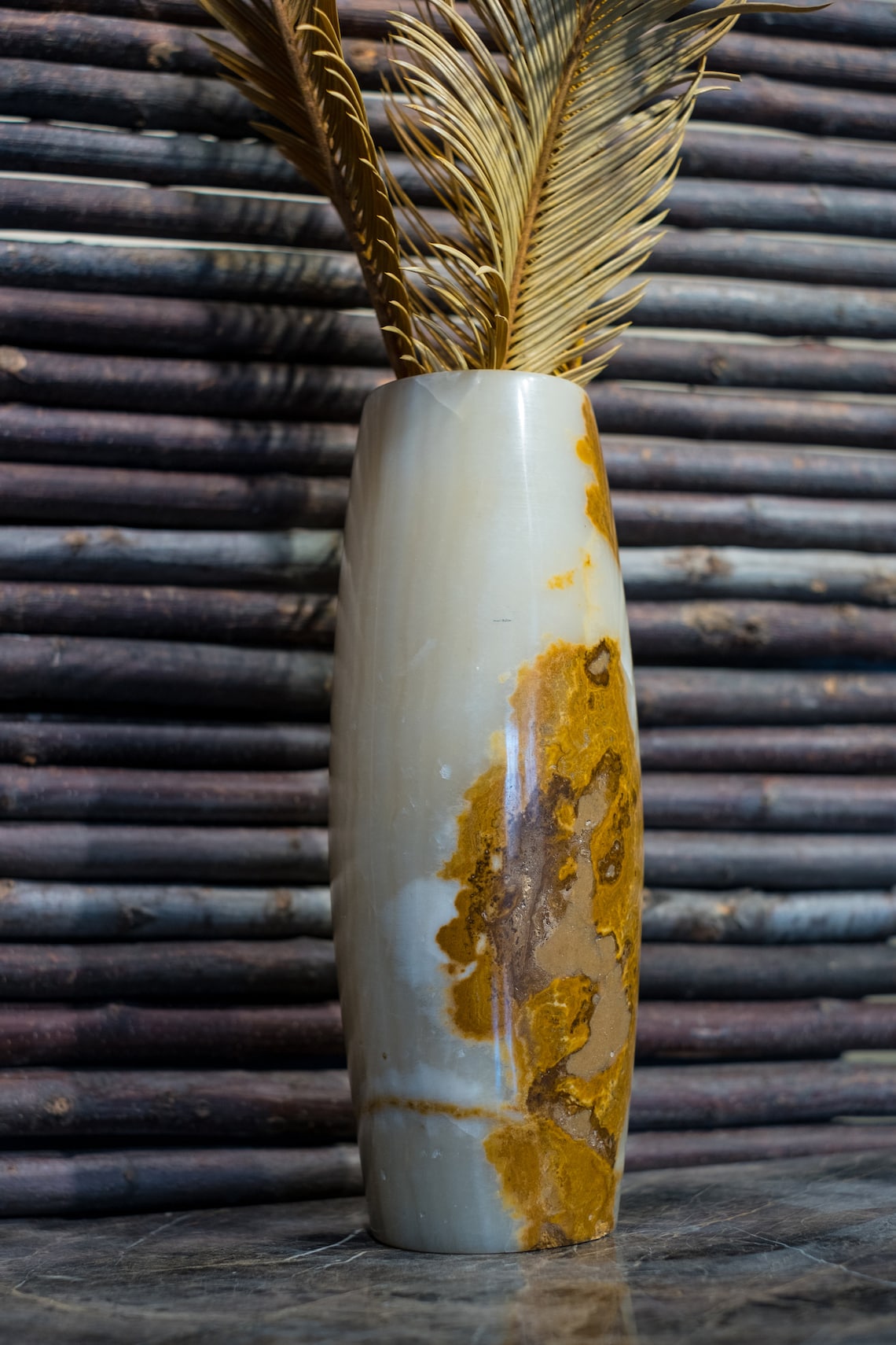 Petit Vase Cruche En Onyx Marbré Et Étain – Décor Art Vintage