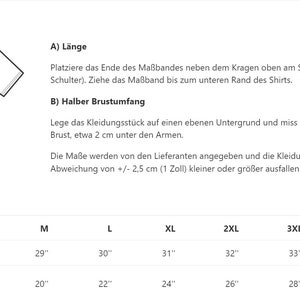 May include: Size chart for a t-shirt with measurements in inches for length and chest circumference. The chart includes sizes from S to 5XL.