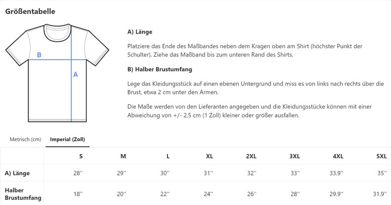 May include: Size chart for a t-shirt with measurements in inches for length and chest circumference. The chart includes sizes from S to 5XL.