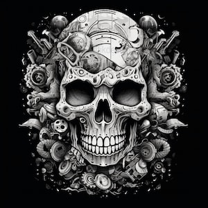 Intricate Steampunk Skull Art Print, Digital Download, Steampunk Decor, Skull Wall Art, Gothic Industrial Artwork