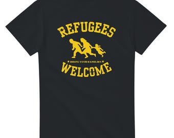 Refugees Welcome Unisex T-Shirt – Bring Your Families | Gildan® 5000 Heavy Cotton | Solidarity Shirt | Yellow Graphic Print Black