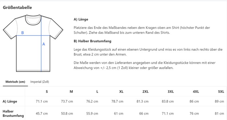 May include: Size chart for a t-shirt with measurements in centimeters and inches. The chart shows the length and half chest circumference for sizes S, M, L, XL, 2XL, 3XL, 4XL, and 5XL.