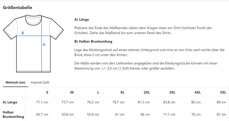 May include: Size chart for a t-shirt with measurements in centimeters and inches. The chart shows the length and half chest circumference for sizes S, M, L, XL, 2XL, 3XL, 4XL, and 5XL.