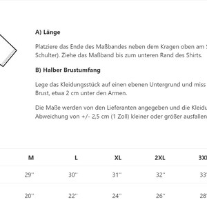 May include: Size chart for a t-shirt with measurements in inches for length and chest circumference. The chart includes sizes from S to 5XL.
