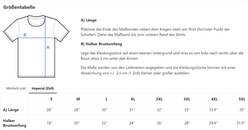 May include: Size chart for a t-shirt with measurements in inches for length and chest circumference. The chart includes sizes from S to 5XL.