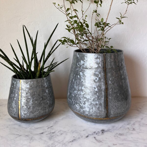 galvanized metal planter in an antique zinc finish available in two sizes