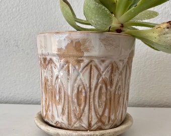 Debossed terra-cotta planter with pattern and saucer  6”x 6”