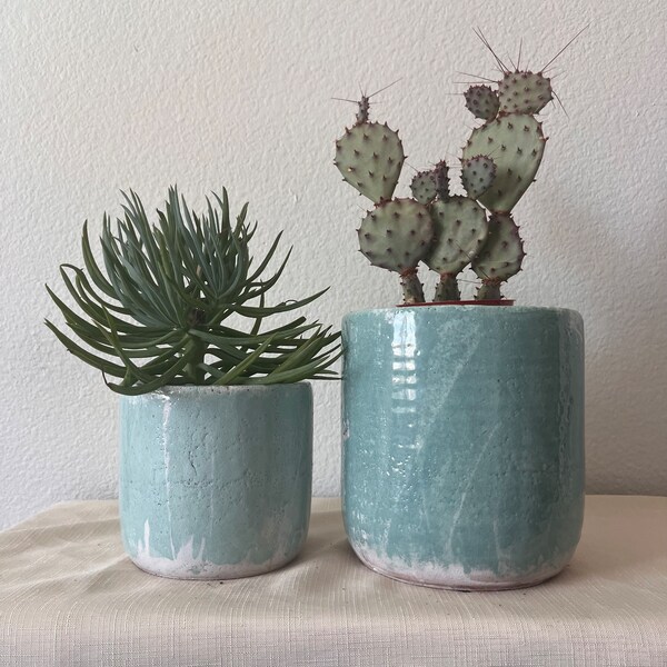 Hand painted planter with sand finish