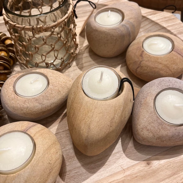 Sandstone tea light holders approximately 4 inches in length by 2 3/4 inches in width by 3 1/2 inches round set of 3