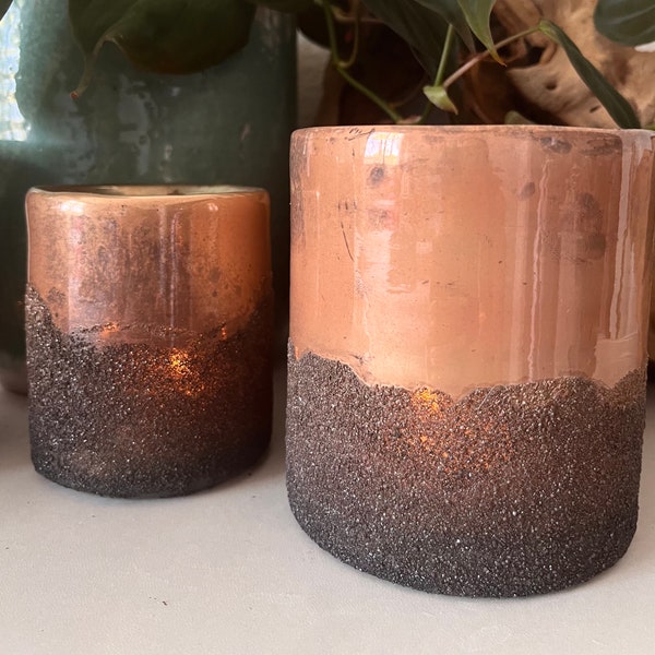 Copper toned sand finish hurricane candle holder comes in two sizes 3 inch and 4 inch