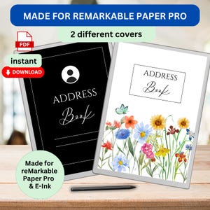 May include: Two digital planner covers for the Remarkable Paper Pro tablet. One cover is black with the text "ADDRESS Book" in white. The other cover is white with a watercolor floral design and the text "ADDRESS Book" in black.