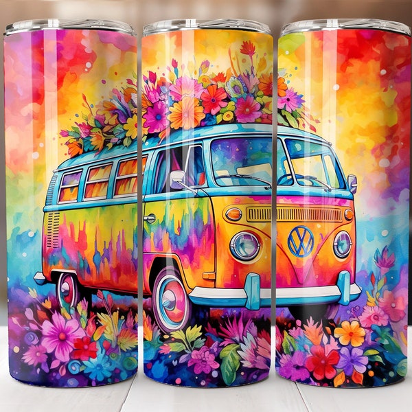 Retro Hippie Van Sublimation Design Digital 20 and 30 oz Skinny Tumbler Wrap PNG