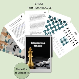 May include: A digital drawing tablet with a gold chess piece on a black and white chessboard. The tablet screen displays the text "Mastering Chess" and the words "Made For reMarkable".