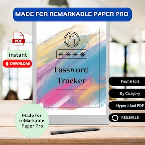 May include: A digital tablet displaying a password tracker template with a colorful abstract background. The template includes a lock icon, the text "Password Tracker", and a section for entering passwords. The tablet is on a wooden surface with a black stylus pen.