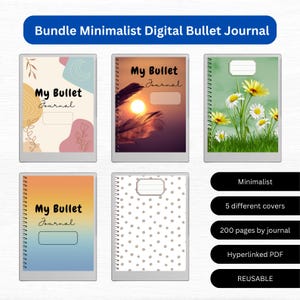 Puede incluir: Un paquete de diarios de balas digitales minimalistas con cinco cubiertas diferentes. Las cubiertas presentan una puesta de sol, flores, lunares y formas abstractas. El texto "My Bullet Journal" está en cada cubierta. El paquete incluye 200 páginas por diario, archivos PDF con hipervínculos y es reutilizable.