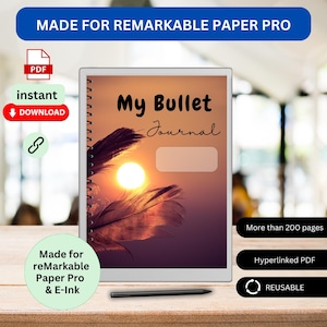 Peut inclure: Un journal numérique avec un design de coucher de soleil et de plumes. La couverture indique "My Bullet Journal". Il est conçu pour les appareils reMarkable Paper Pro et E-Ink. Le journal compte plus de 200 pages, est hyperlié et réutilisable.
