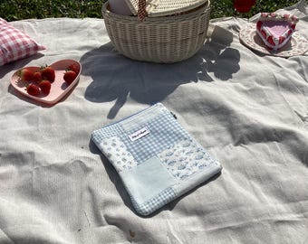 The Blue Patchwork Quilted Book/Tablet Case | Handmade, Custom, Aesthetic Gift, Cute, Kindle/IPad/Book Sleeve, Unique, Kindle Pouch, Case