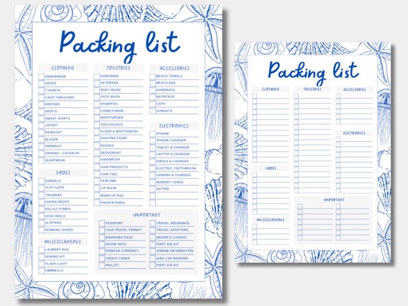 Printable Packing List, Travel Planner, Packing Checklist, Travel
