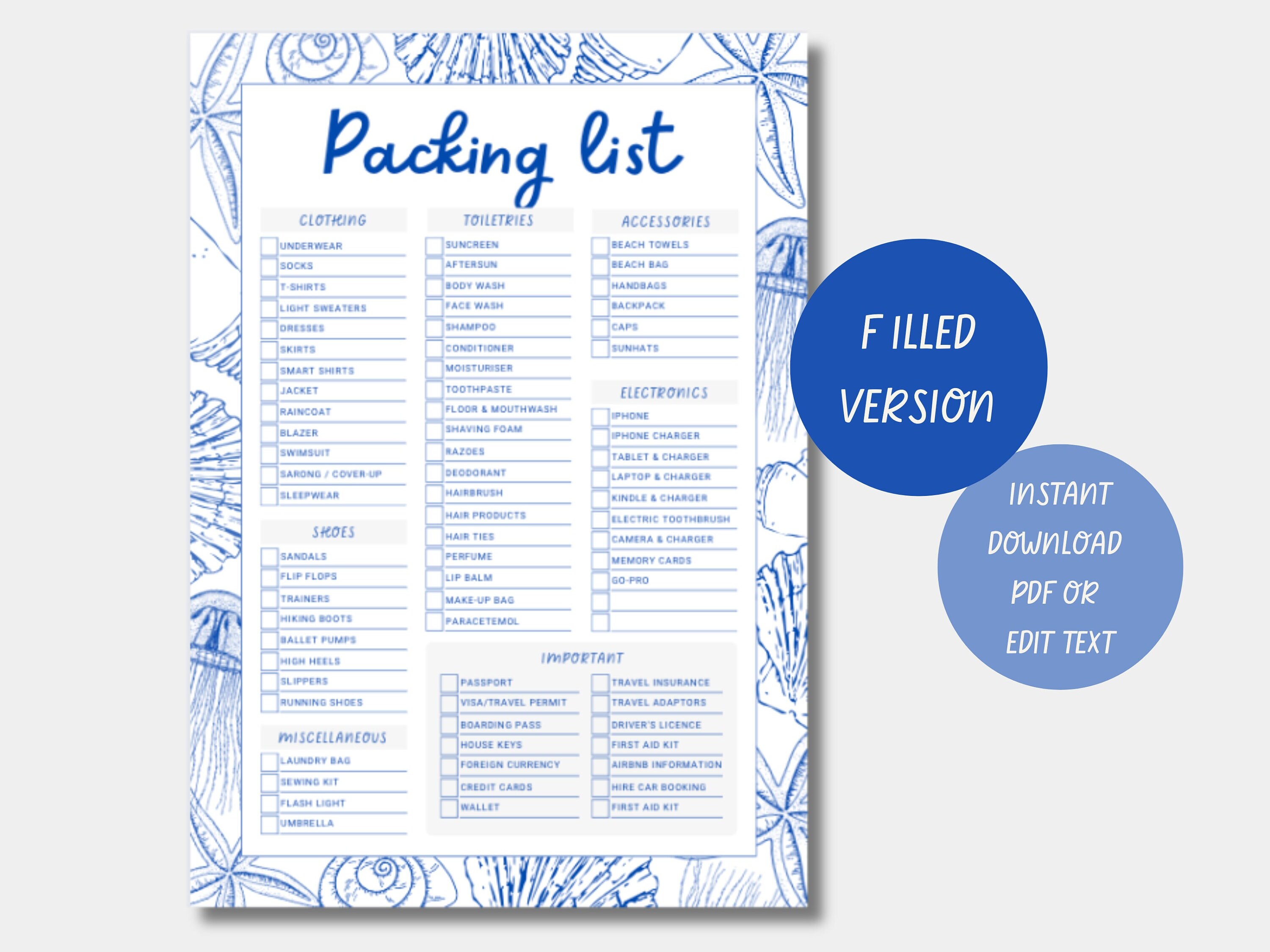 Printable Packing List, Travel Planner, Packing Checklist, Travel