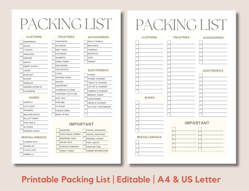 Packing List PRINTABLE EDITABLE Travel Planner Travel Etsy UK