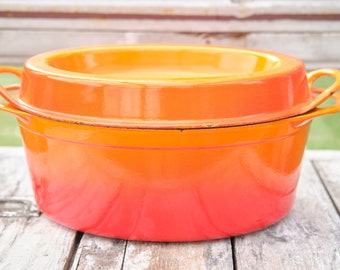 Vintage Orange Flame Enamelled Cast Iron, Doufeu, Cousances, Size 20, Made in France, 1970s