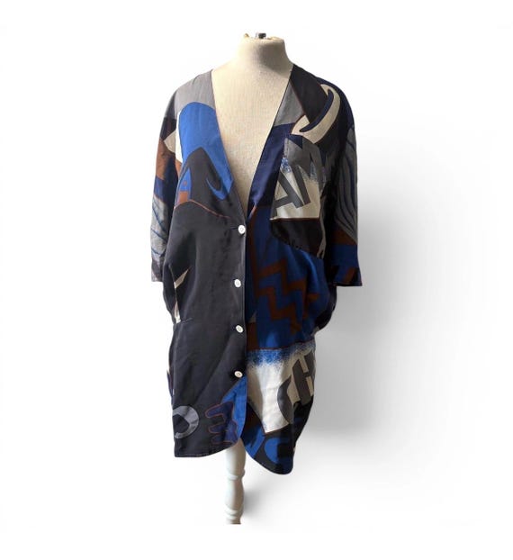Gianfranco Ferré, Gianfranco Ferre Silk Cardigan Dress, Vintage 80s 90s Italian Designer Geometric Print Long Shirt Jacket, Size IT 42 US S