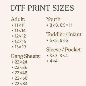 Può includere: Un grafico beige elenca le dimensioni di stampa DTF per varie categorie: Adulto, Giovane, Bambino/Infante, Manica/Tasca e Fogli di gruppo. Le taglie per adulti variano da 28x28 cm a 33x48 cm. I fogli di gruppo variano da 56x61 cm a 56x213 cm.