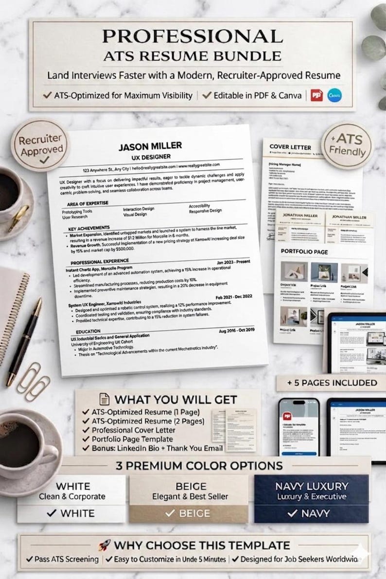 ATS Resume Template Bundle | Editable PDF & Canva | Professional CV ...