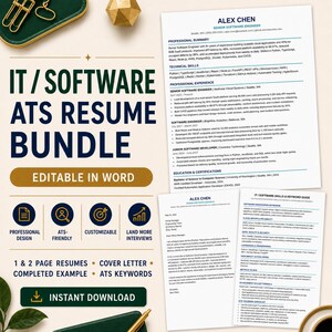 Pack de modèles de CV pour ingénieurs logiciels et professionnels de l'informatique : CV Word optimisé pour les systèmes de suivi des candidatures (ATS), lettre de motivation et guide des mots-clés