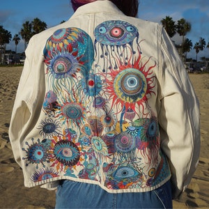 Handpainted Personalized Denim Jacket Psychedelic Eyes Colorful Design Art Unique Unisex Gift Handmade Acrylic