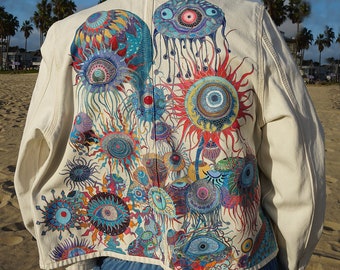 Handpainted Personalized Denim Jacket Psychedelic Eyes Colorful Design Art Unique Unisex Gift Handmade Acrylic