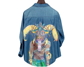 Handpainted Denim Shirt- Oversized Warrior Psychedelic Art, Festival Streetwear Jacket