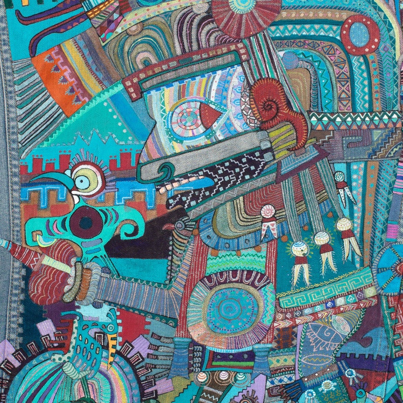 May include: A colorful abstract painting with geometric shapes and patterns in shades of blue, green, red, and orange. The painting is made up of different textures and materials, creating a unique and visually interesting piece.