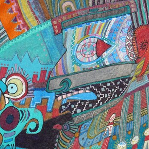May include: A colorful abstract textile with a variety of geometric shapes and patterns. The textile is made of different fabrics and textures, and features a variety of colors, including blue, green, red, yellow, and orange.