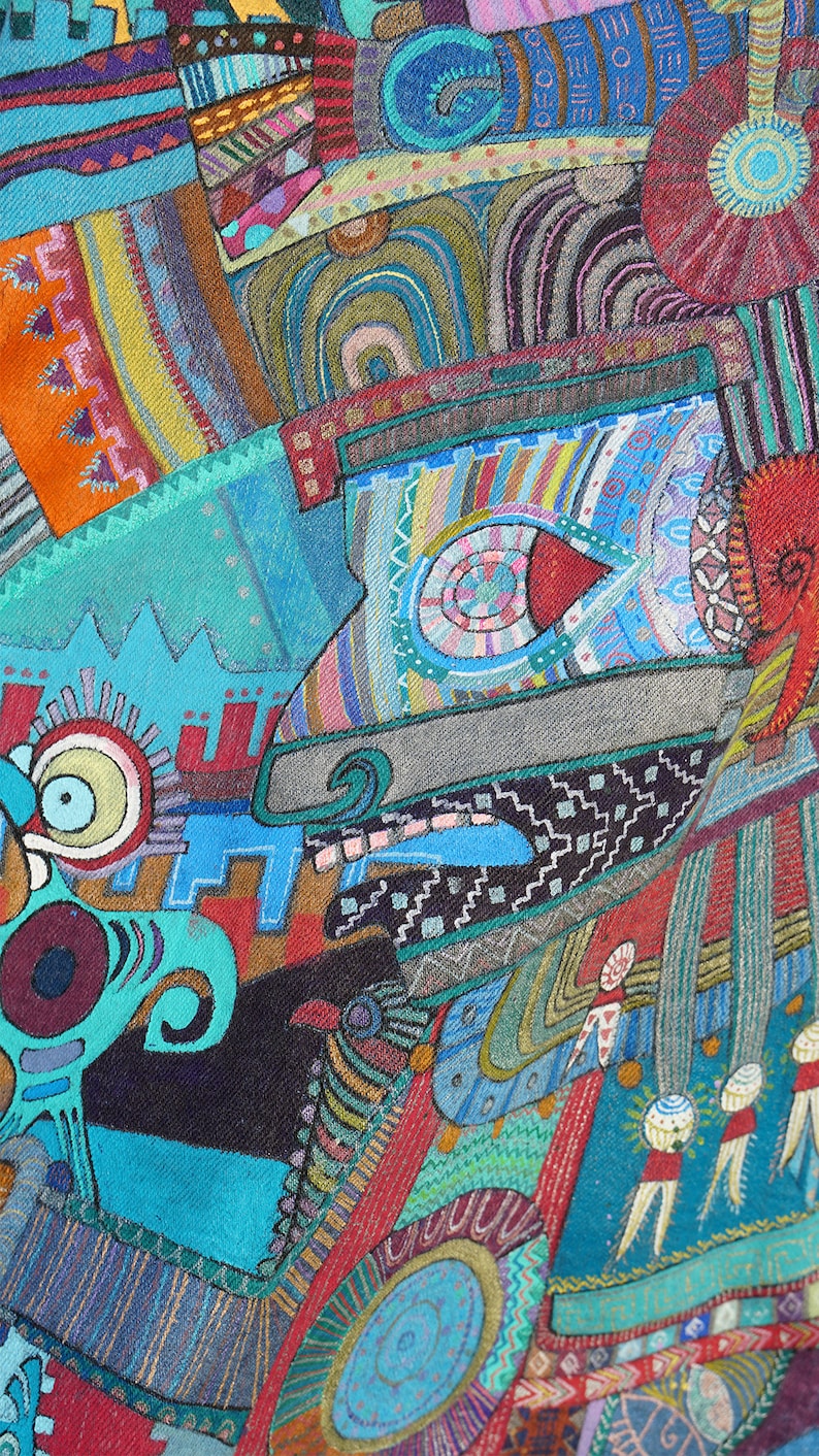May include: A colorful abstract textile with a variety of geometric shapes and patterns. The textile is made of different fabrics and textures, and features a variety of colors, including blue, green, red, yellow, and orange.