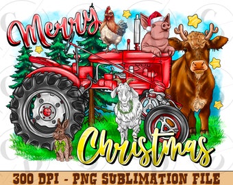 Christmas Farm Animals PNG, Holiday Tractor, Sublimation Design (Digital Download)