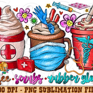 Coffee scrubs and rubber gloves png sublimation design download, Coffee love png, Coffee time png, Nurse png, Nursing png, designs download