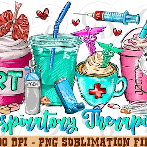 Puede incluir: Una ilustración digital colorida de las herramientas de un terapeuta respiratorio, que incluye una taza de café con una cruz roja, una taza de café con crema batida, una taza de café helado, un tanque de oxígeno, un inhalador y una máscara facial. El texto "RT" y "Respiratory Therapist" están incluidos en la imagen.