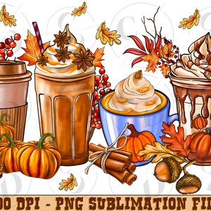 Op de afbeelding: Een digitale illustratie van drie herfst-thema dranken met slagroom en toppings. De dranken zijn omringd door herfstbladeren, pompoenen, kaneelstokjes en eikels.