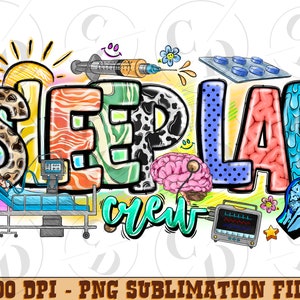 Może przedstawiać: Kolorowe grafiki z tekstem "Sleep Lab Crew" przedstawiające łóżko szpitalne, sprzęt medyczny i ilustracje mózgów.