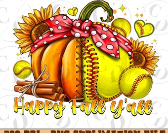 Happy Fall Y'all Softball Pumpkin PNG, Sublimation Design (Digital Download)