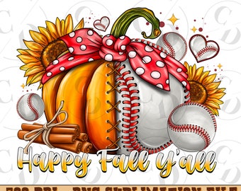 Happy Fall Y'all Baseball Pumpkin PNG, Sublimation Design (Digital Download)