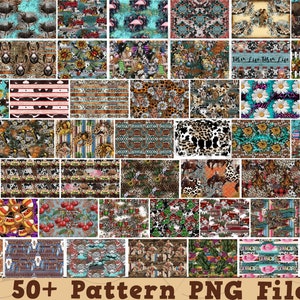 Może przedstawiać: Cyfrowy kolaż ponad 50 kolorowych wzorów, w tym kwiatowych, zwierzęcych, geometrycznych i wzorów z południowego zachodu. Wzory są ułożone w siatkę i nadają się do projektów rękodzieła, scrapbookingu i projektowania cyfrowego.