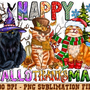 Happy Hallothanksmas cats png sublimation design download, Hallothanksmas png, Christmas png, Thanksgiving png, sublimate designs download