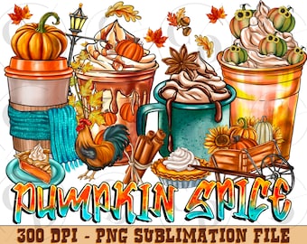 Pumpkin Spice Coffee Cups PNG, Fall Sublimation Design (Digital Download)
