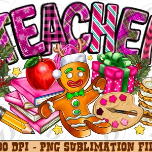 Pink Christmas Teacher Png Sublimation Design, Merry Christmas Clipart, gingerbread Png, Christmas Png, candy cane Png, Digital Download