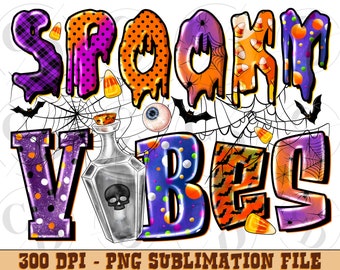 Spooky Vibes Halloween PNG, Skull, Pumpkin, Sublimation Design (Digital Download)